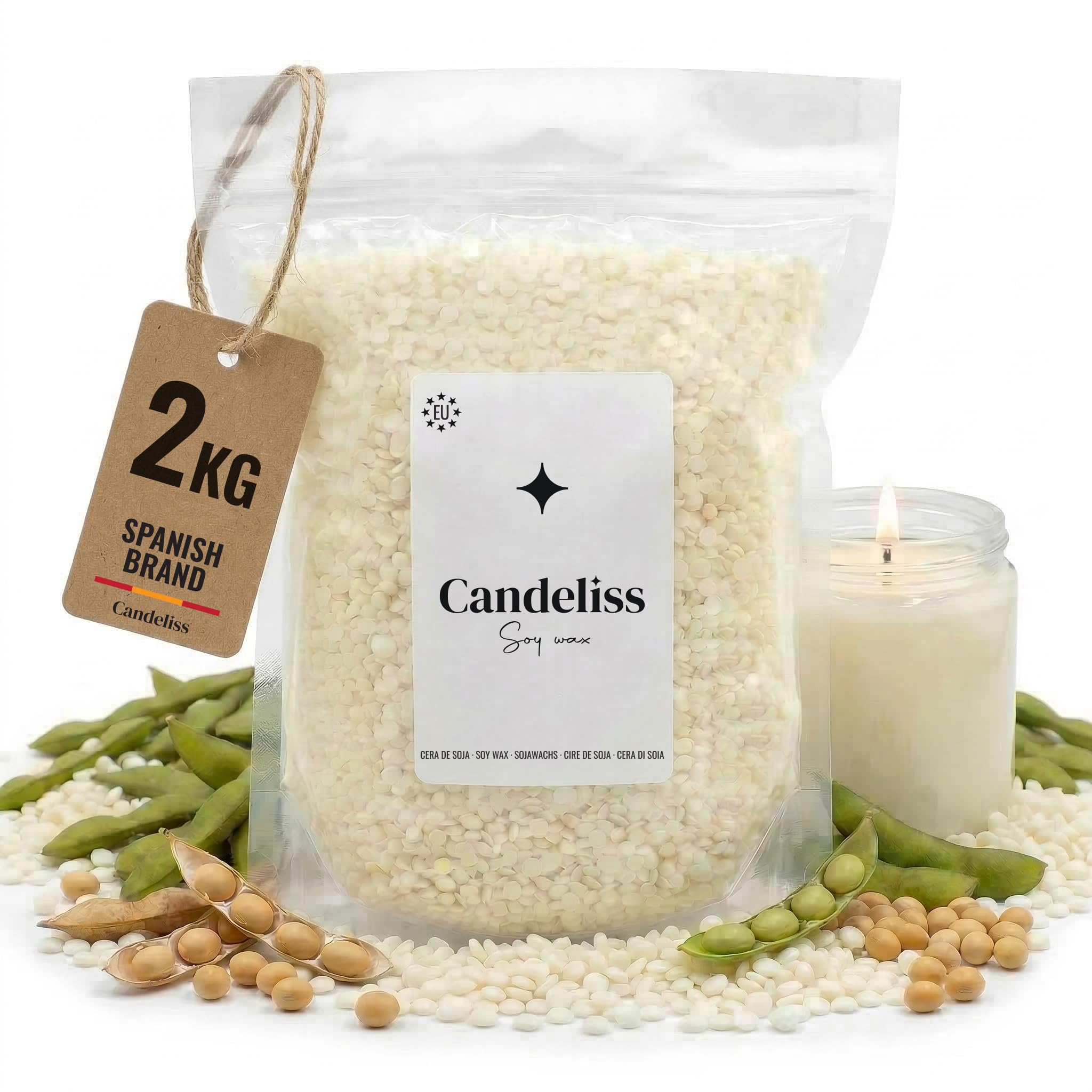 CANDELISS Cera di soia per Candele in Vaso 2kg. Cera Naturale vegetale per Candele con Punto di Fusione Basso per Creare Candele Fatte in casa Soy Wax for Candle Making (2kg)