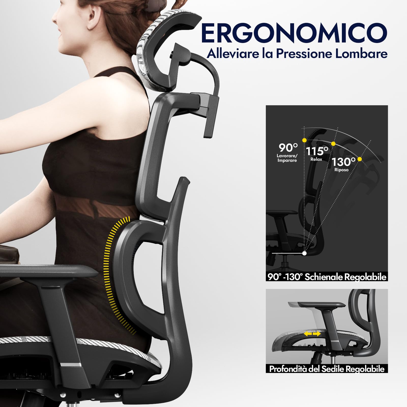 TONFARY Sedia da Ufficio Ergonomica, Sedia da Scrivania ALL-Mesh Supporto Lombare, Sedia da Gioco Inclinabile, Braccioli 3D Regolabili e Poggiatesta, Grande e Alta Sedia Girevole del Computer, 150KG