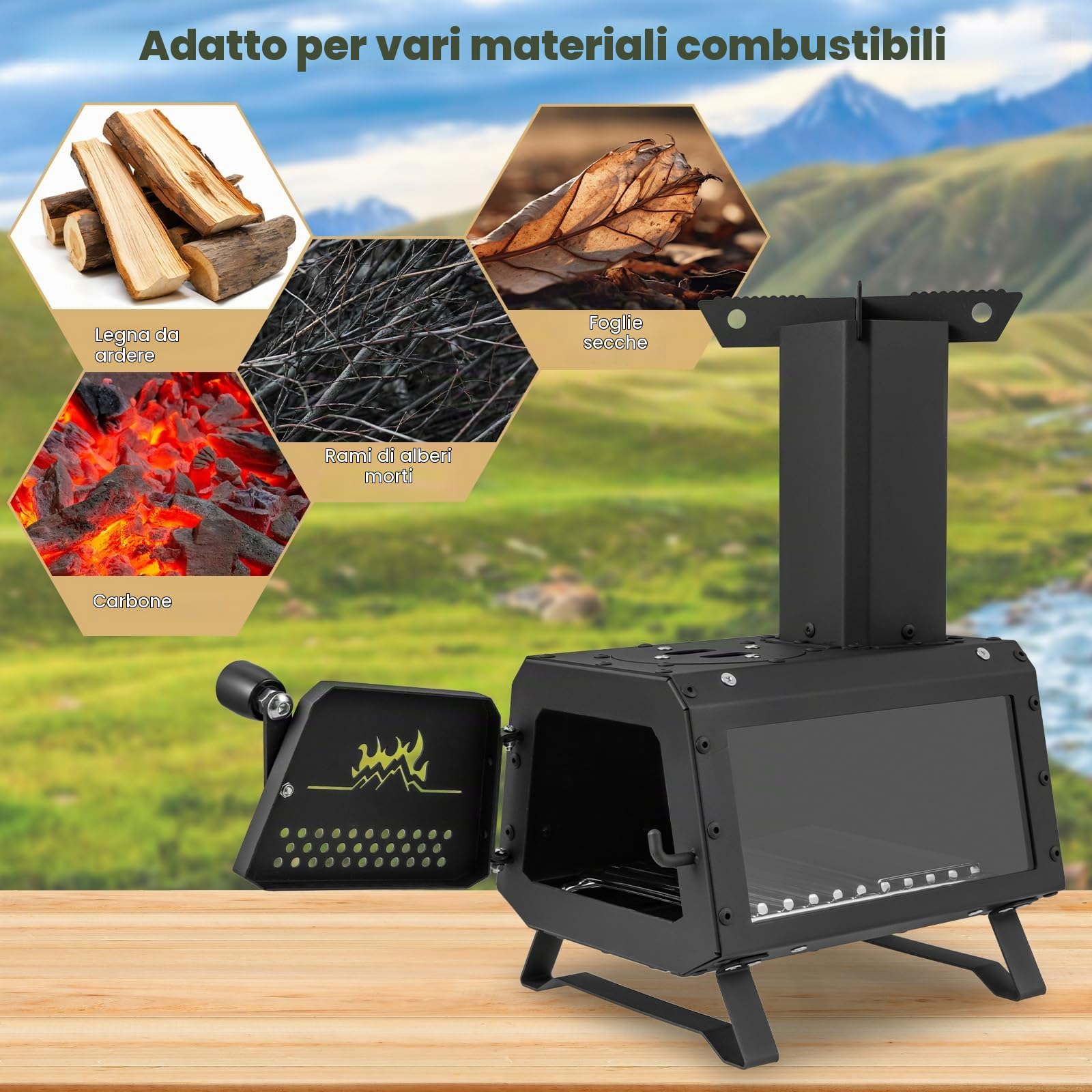 FANTASK Forno a legna portatile, forno a razzo per esterni, con 2 superfici di cottura con vetro e cenere, forno da campeggio, per giardino e campeggio
