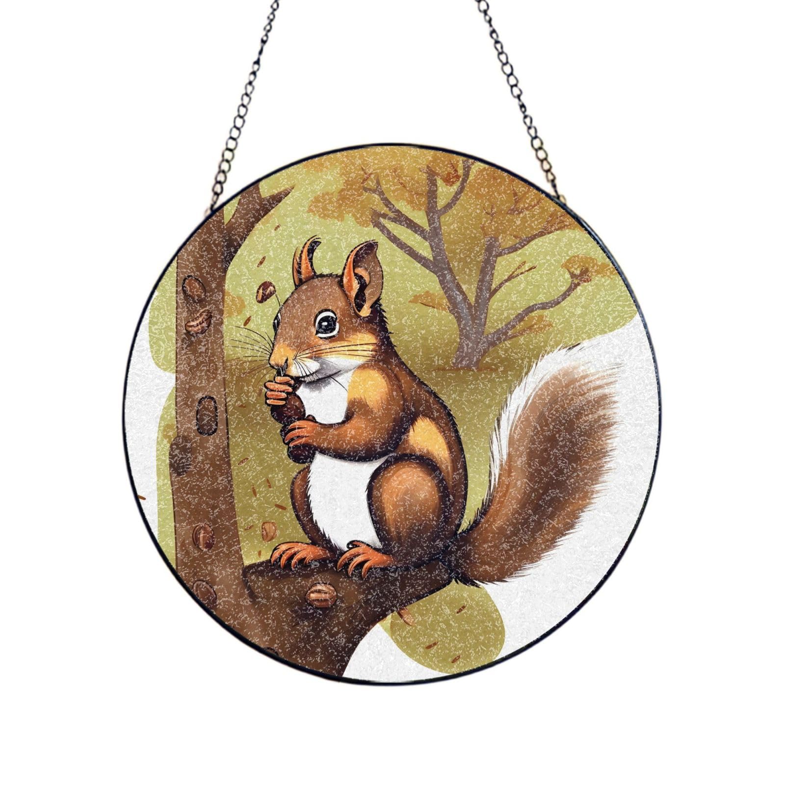 Poezjzw Stained Glass Window Hanging - Nut-Eating Squirrel Sun Catcher For Door Garden Home Decor Christmas Mother'S Day Birthday Gifts 6in（15cm）