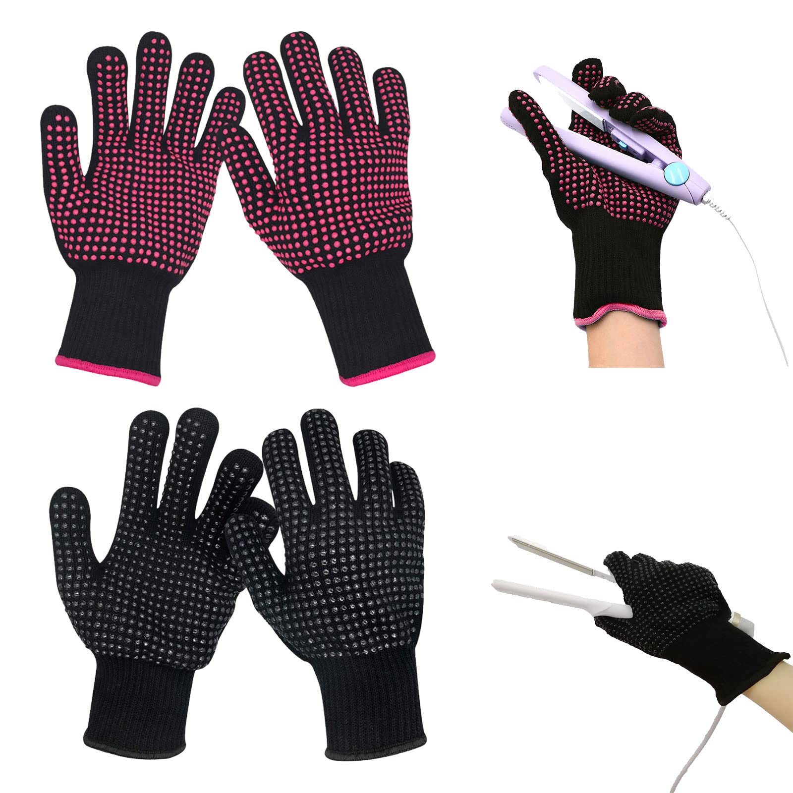 TSHAOUN 2 Paires Gant Résistant à la Chaleur pour la Coiffure, Gants de Protection avec points en silicone, Gant Anti Chaleur pour fer à Lisser la Baguette de Cheveux Curling Outils