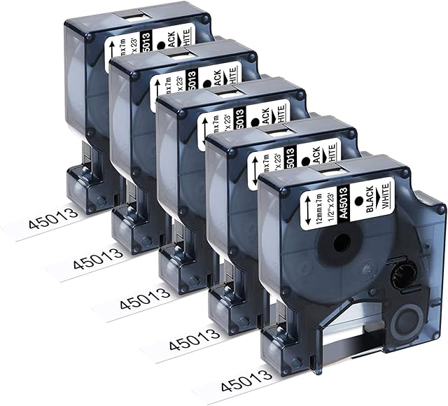 Upwinning Compatible Label Tape Replacement for DYMO D1 45013 S0720530 12mm x 7m Label Tape Work with Dymo D1 Label Maker 100 120P 150160 210D 260P 280 360D 420P PnP 450, Black on White, 5-Pack