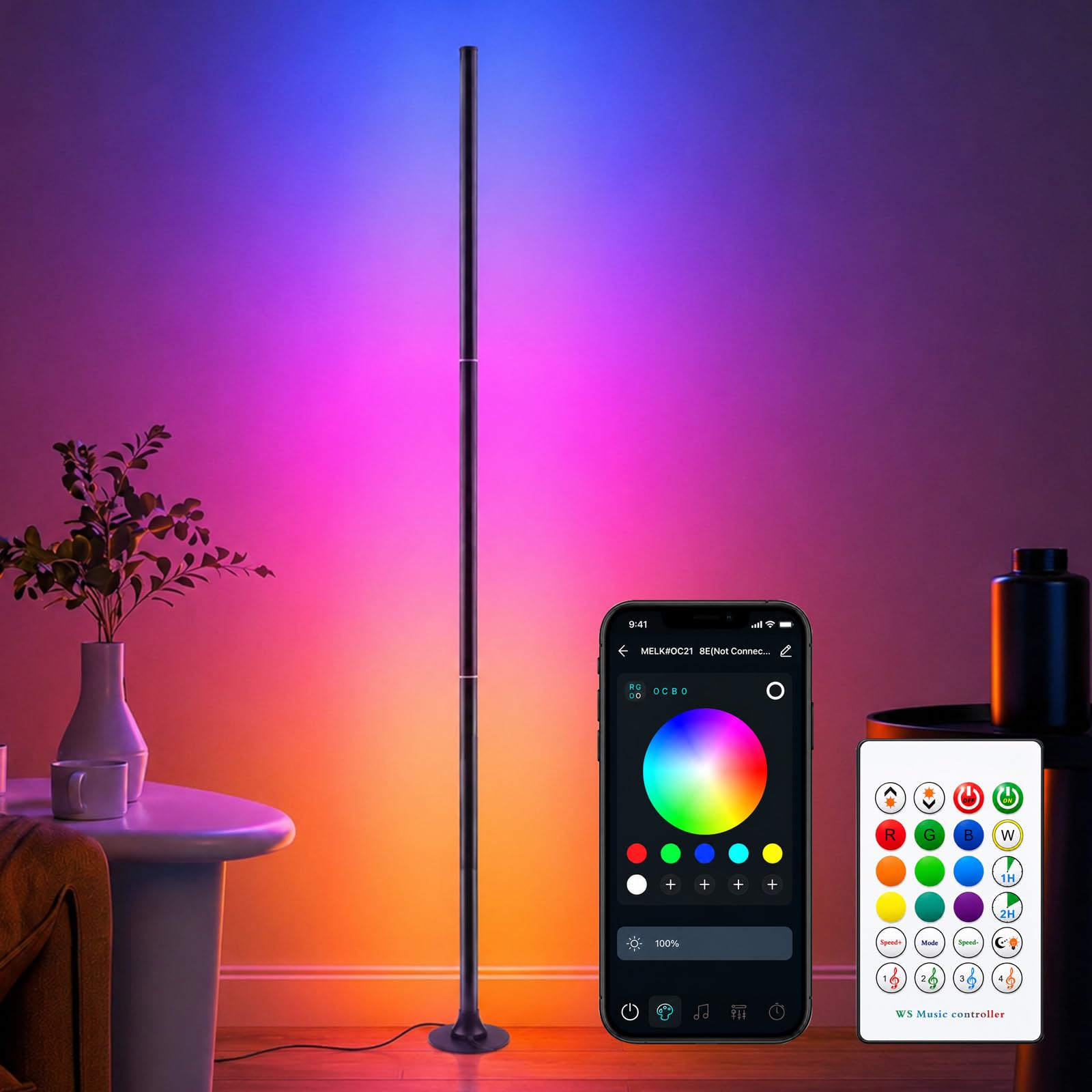 Aourow RGB Stehlampe 120CM, Ecklampe Dimmbar mit Smart App & Fernbedienung | 16 Millionen Farben,Musiksynchronisierung,100+ DIY-Modus & Timing -Funktion für Schlafzimmer,Gaming