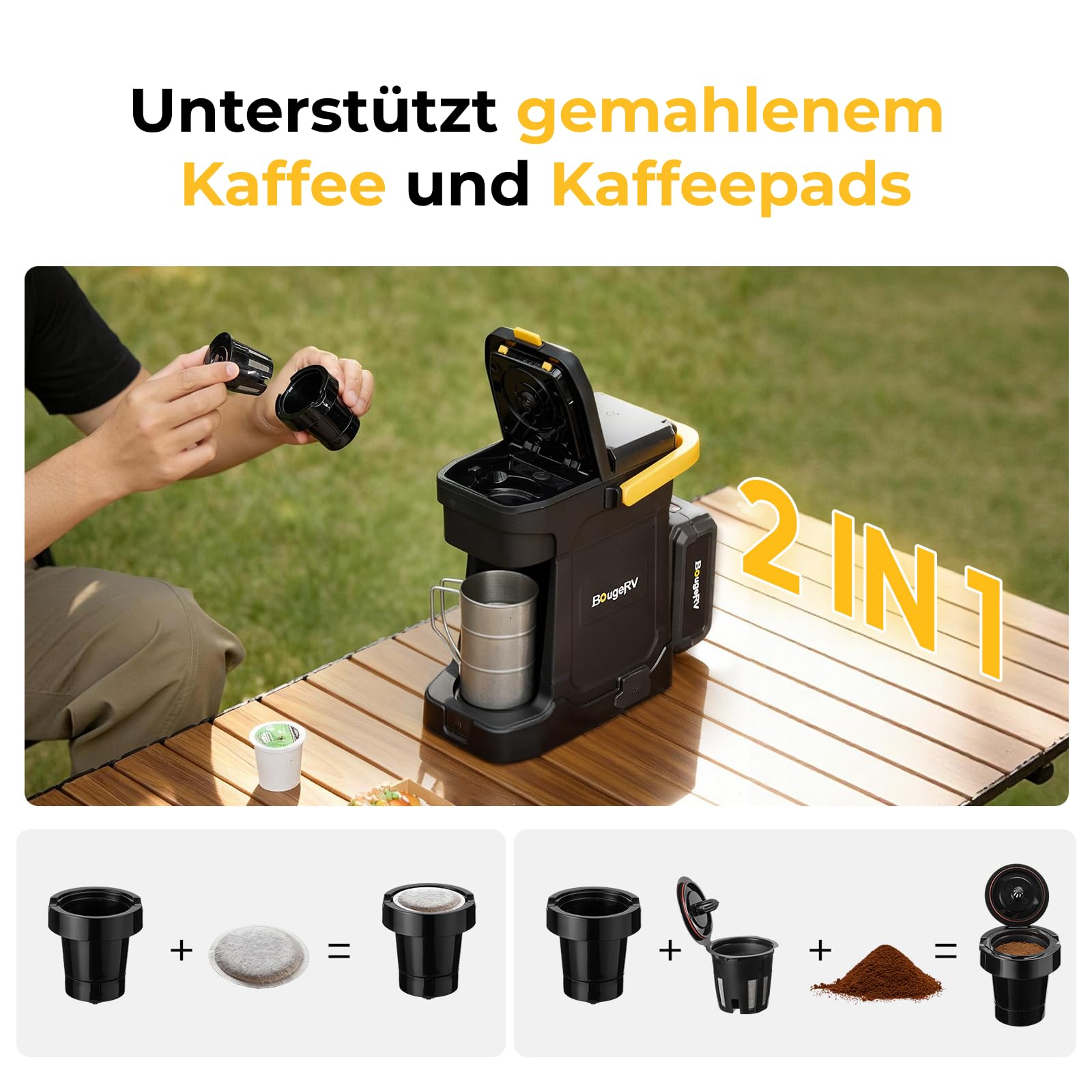 BougeRV Akku-Kaffeemaschine 144 Wh 8 Ah AC 230V Camping Kaffeemaschine für gemahlenen Kaffee & Kaffeepads