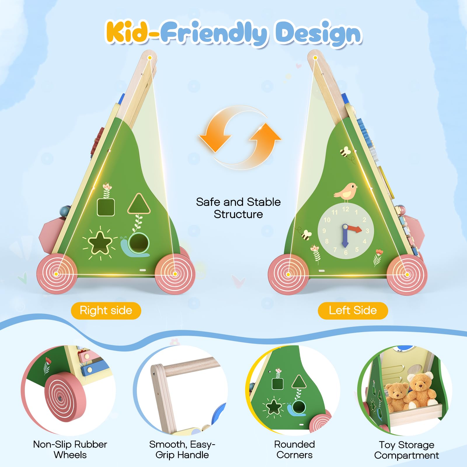 Holz-Lauflernhilfe mit 10-in-1 Motorikspielcenter, höhenverstellbarer Schiebegriff, Formsortierer, Xylophon, Rolltrommel und Staufach – Lauflernwagen aus holz für Jungen und Mädchen - 3