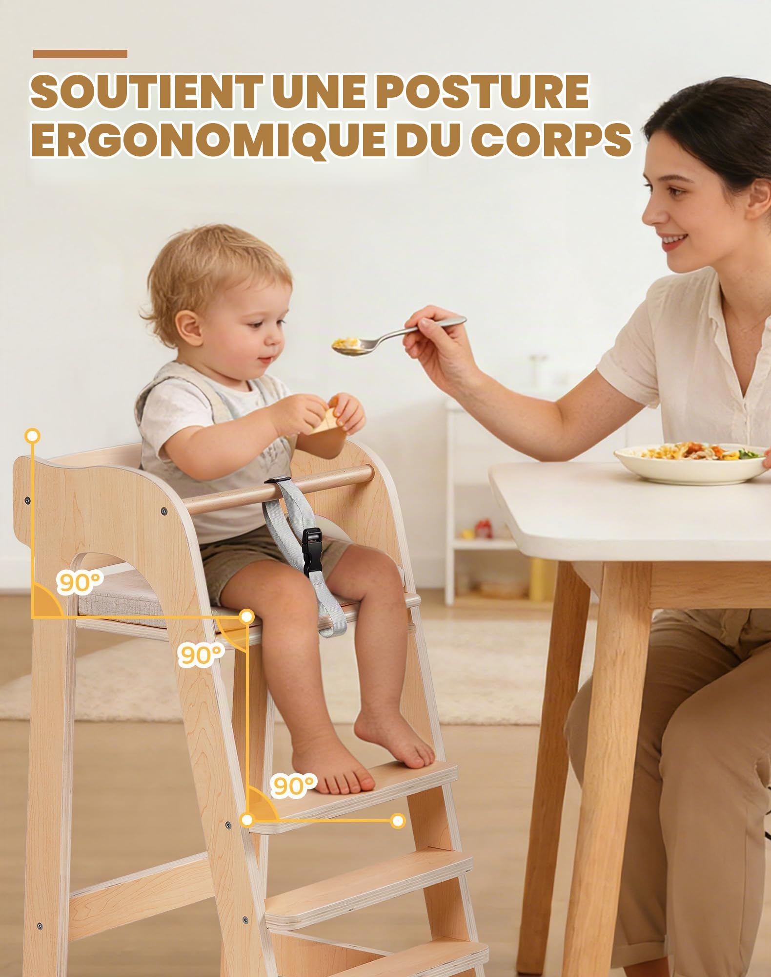 ROBUD Chaise Haute Multifonctionnelle en Bois, pour Enfant 6M+ à 40kg, avec Coussin Amovible & Harnais, Siège Évolutif avec Repose-pieds & Hauteur Réglable, Bois Naturel