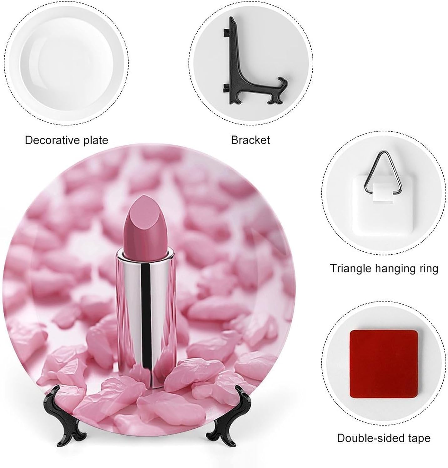 Lipstick Pattern Ceramic Plate 10inch Decorative Bone China Wall Hanging Ornament Plates Bohemian Style Dinner Plate with Display Stand Cabinet Display Plates for Home Art Decor