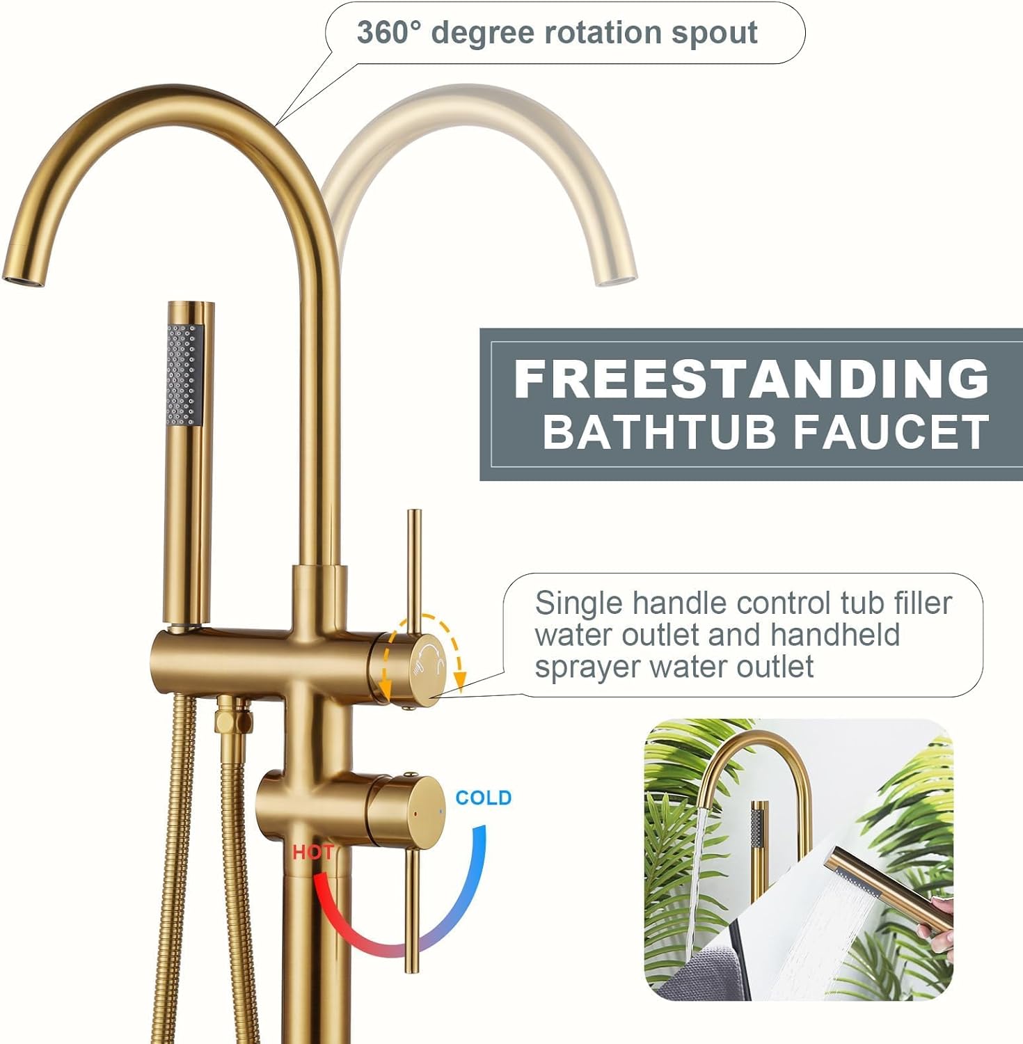 Freestanding Tub Filler Faucet, Floor Mount Brushed Gold Bathtub Faucet with Single Handheld Shower for Bathroom, Brass Shower Tub Faucet Set Complete, Bathtub Faucet with Shower - Image 3