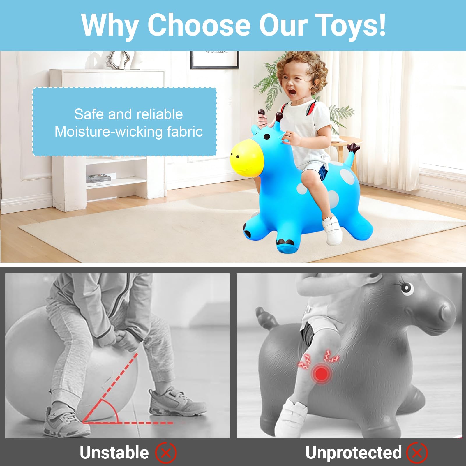 Animal Sauteur, Cheval Sauteur, Jouet Sauteur pour Enfants, Usage Intérieur/Extérieur, Cadeau pour Enfants, Cadeaux d'anniversaire, Cadeaux de Fête (Bleu)