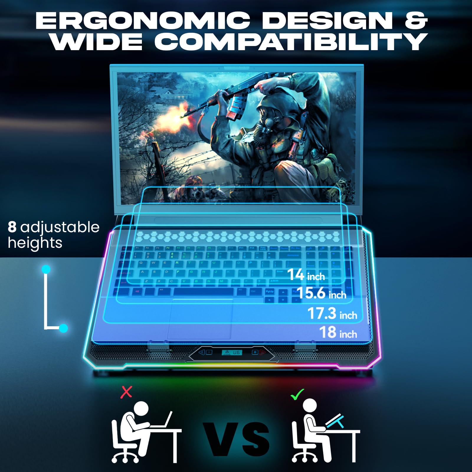 KLIM V15 Laptop Cooler RGB 15 Wentylatorów Uchwyt 10-17 cali 2 Porty USB