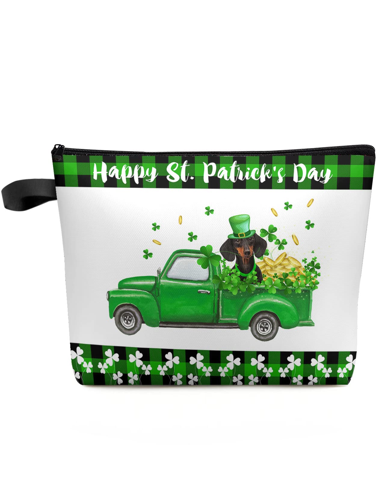 IDOWMAT Travel Makeup Bag for Women - Waterproof Cosmetic Bag Makeup Pouch - 1 Pieces Happy St. Patrick's Day Green Truck with Dachshund and Gold Coins Zipper Pouch Small Makeup Bag Organizer