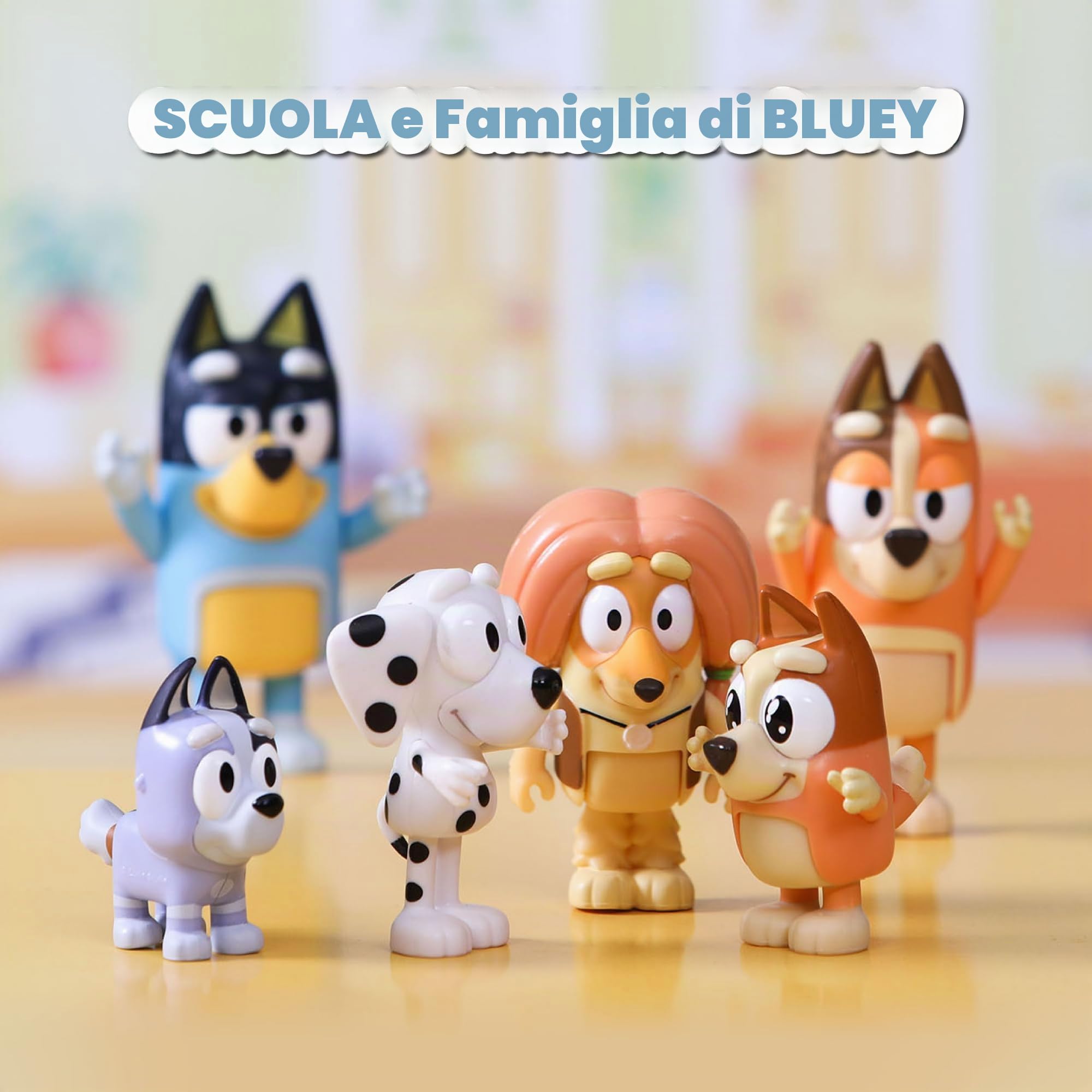 BLUEY - Confezione da 8 figure Famiglia e Compagni del Cole, Figure articolate, bambole da 6 a 8 cm, collezione di personaggi della serie di disegni per bambini, ragazzi e ragazze +3 anni, famoso