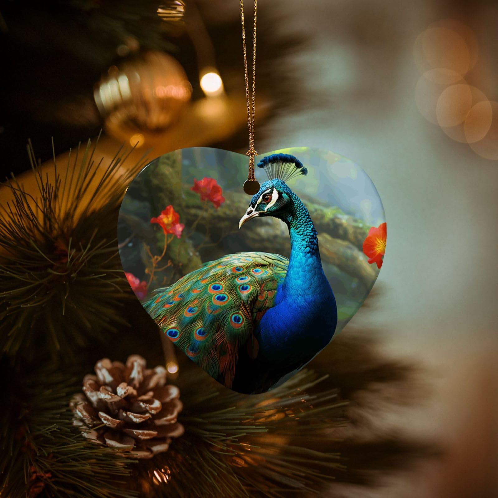 Christmas Tree Ornaments Ceramics Christmas Decorations Colorful Peacock Ornaments with Gold Ribbon Porcelain Xmas Tree Crafts Heart Shape Hanging Pendant for Christmas Tree Party Decor