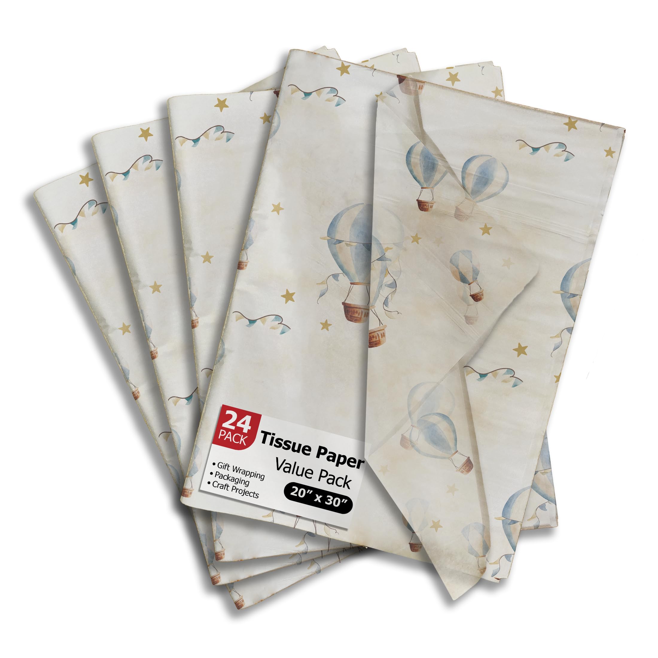 Pro Supply Global Hot Air Balloons Printed Tissue Paper for Gift Bags or Boxes and Wrapping - Baby Shower Bulk Decorative Art Tissue Paper for Packaging and Gifting | 24 Sheets 20" x 30" — image 1
