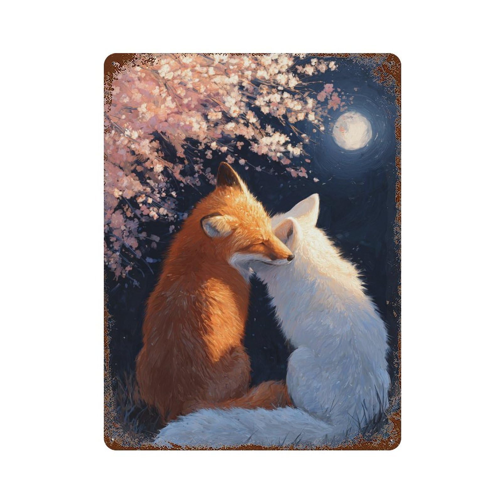 Foxes Under Moonlight Rustic Tin Plaque 15.7"x11.8", Vintage Wall Decor for Garage, Pub Or Kitchen