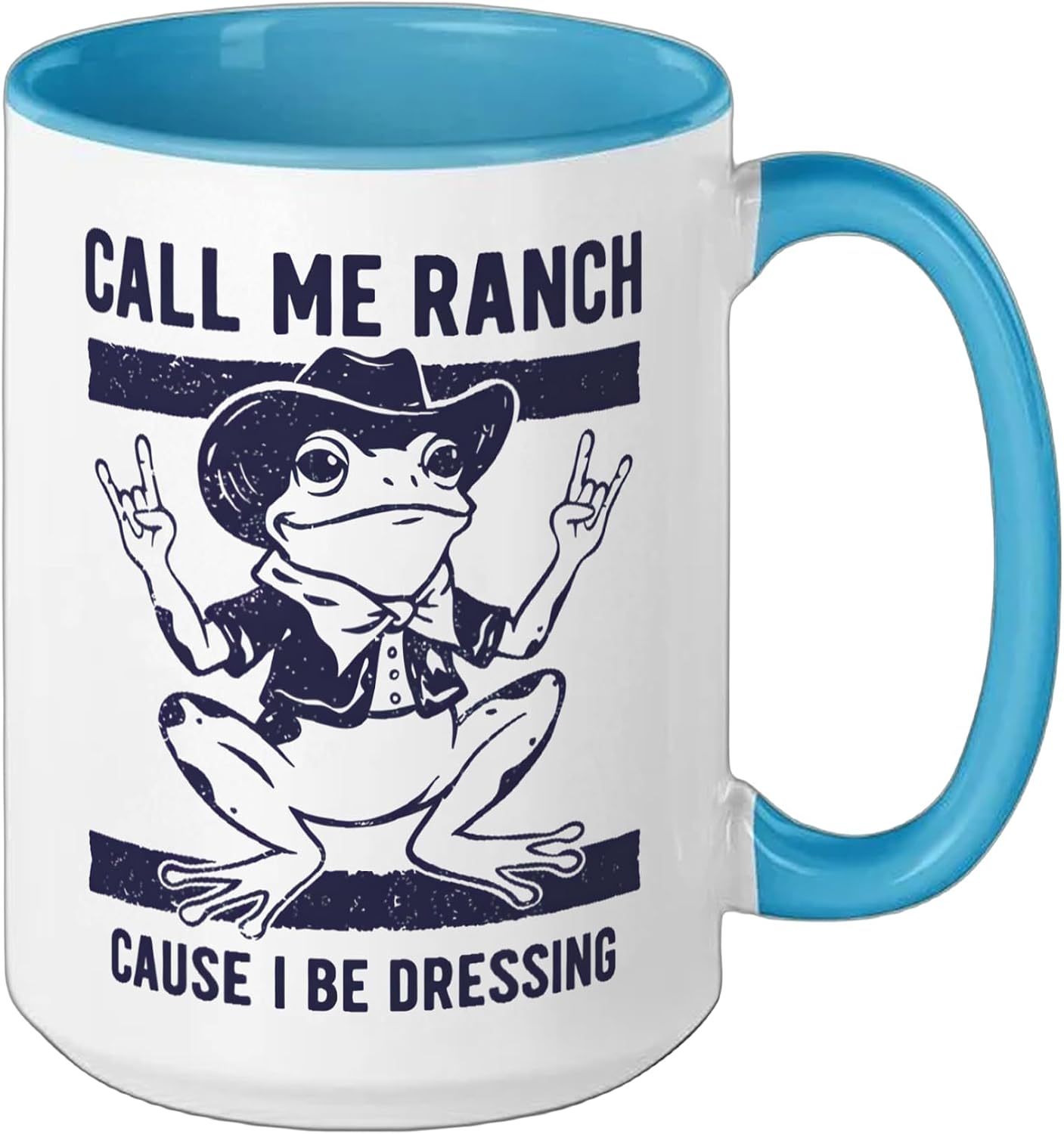 Call Me Ranch Cause I Be Dressing Cowboy Frog Ceramic Mug, Blue/White, 15oz image 2