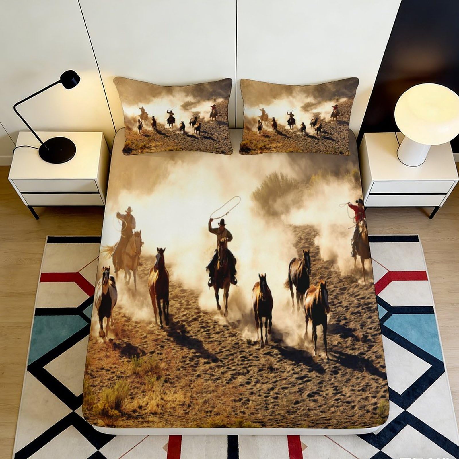 3D Printed Cowboy Horses Fitted Sheet Microfiber Durable Soft Bed Cover with Western Design Mattress Cover for Bedroom Dormitory Guest Room 200x200x25cm