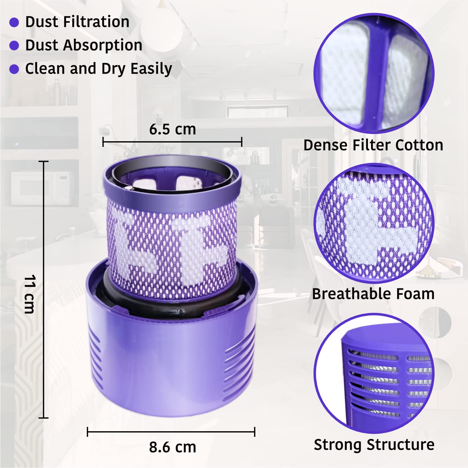 Filtro para Dyson V10, 3 Filtros para Dyson V10 SV12 Ciclón Series, V10 Absolute, V10 Animal, V10 Motorhead, V10 Total Clean Aspiradoras Inalámbricas Reemplazo Accesorios # DY-969082-01
