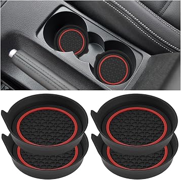 HZEL Car Cup Holder Coasters, 4PCS Non Slip Waterproof Vehicle Water Bottle Pads, Recessed Automotive Interior Drink Mat Decoration Accessories, Universal for SUV Sedan Truck Red/Black