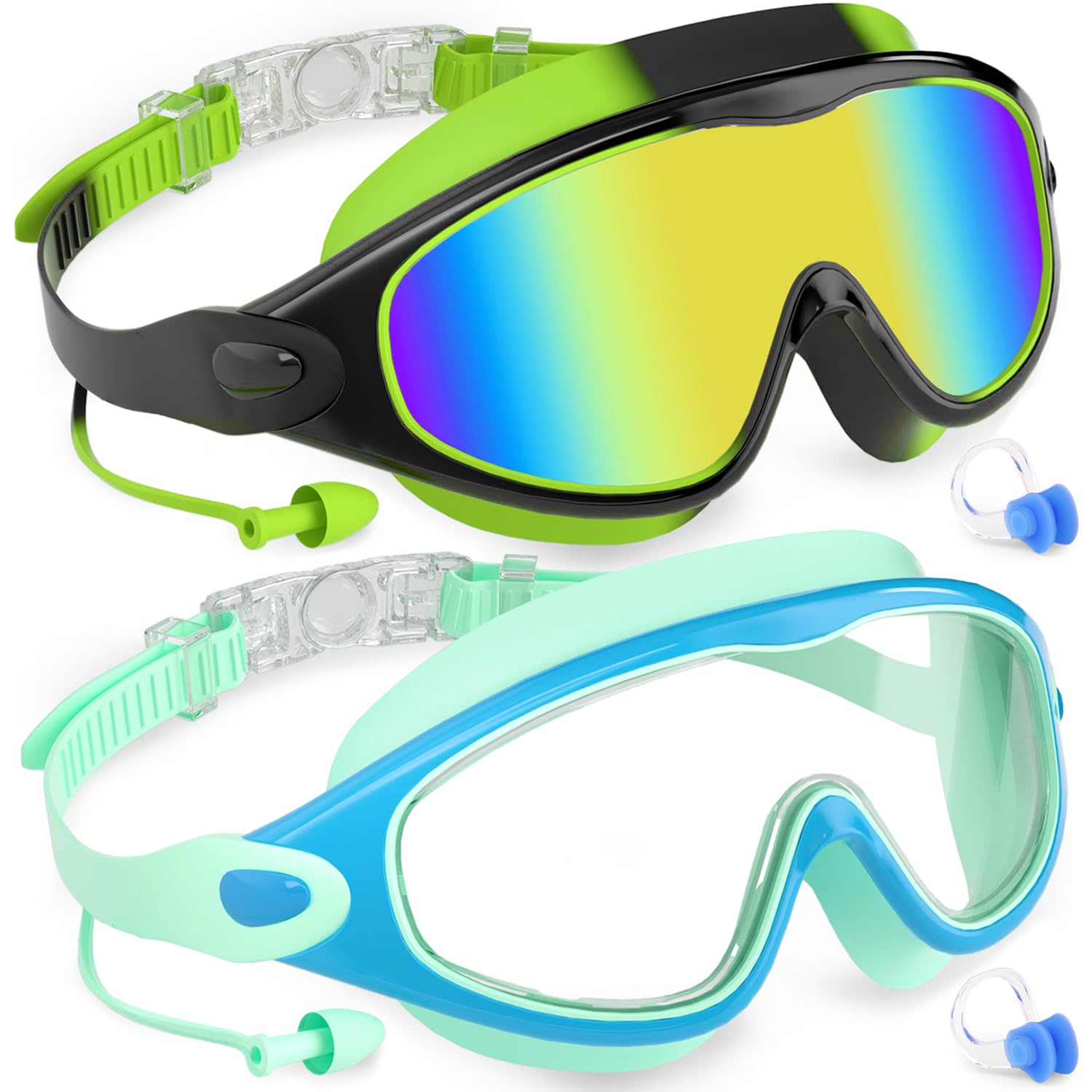 COOLOO Kids Swim Goggles 2 Pack Swimming Goggles Anti-Fog UV Protection Wide View Waterproof Kids Goggles for Boys Girls 3-15