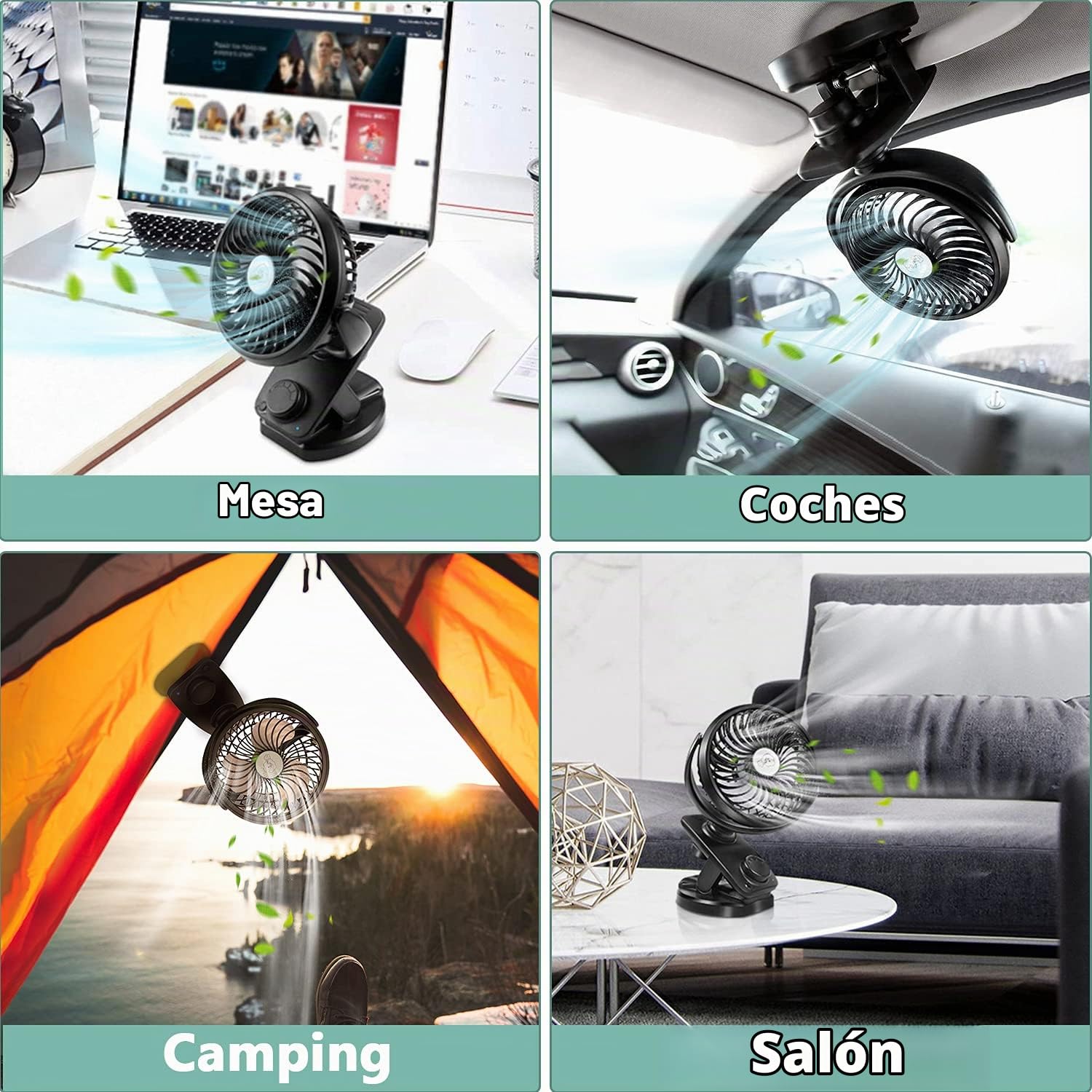 Oscilación Mini Ventilador Clip 2 en 1 - 5000 mAh Recargable USB Portátil Potente de Velocidad Continua - Pequeño Silencioso Para Sobremesa y Camper