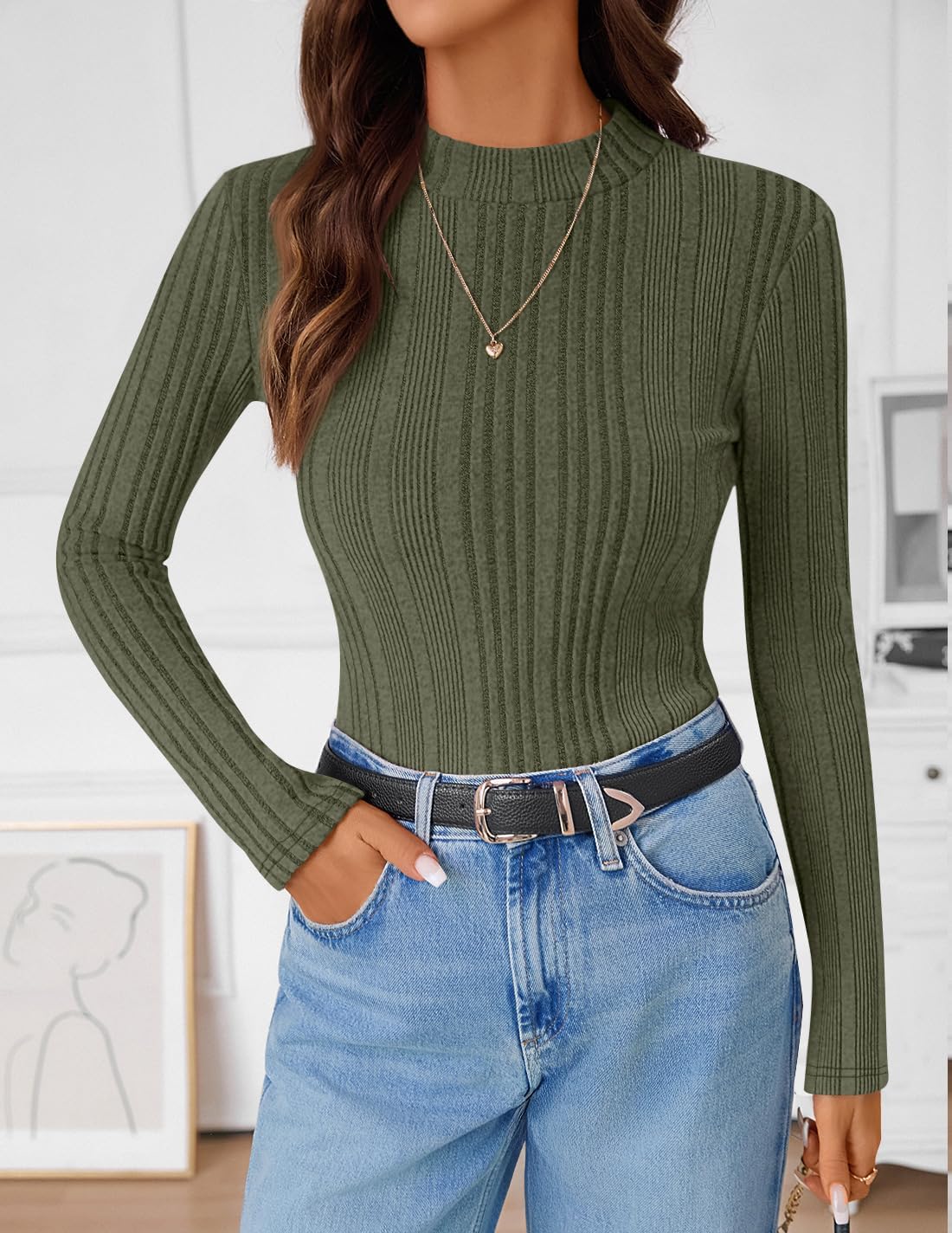 ZESICA Women's Fleece Sherpa Lined Tops Long Sleeve Mock Neck Knit Thermal Basic Shirts 2026 Fall Winter Clothes - Image 3