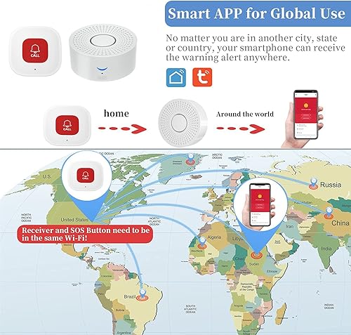 Miniatura 10 de Buscapersonas con WiFi para cuidadores, botón de llamada, alarma inalámbrica para enfermeras, campana de llamada, localizador de alerta de