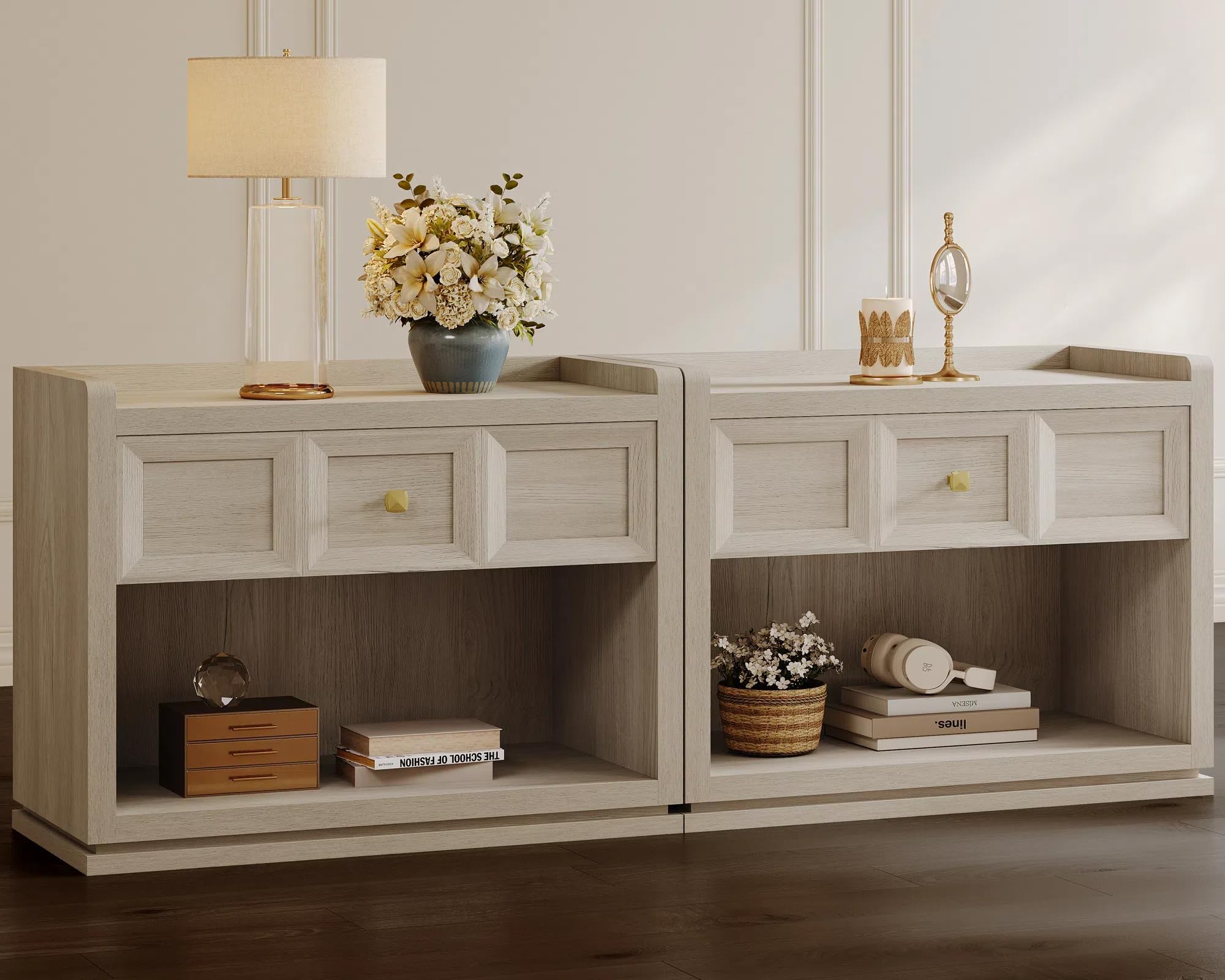 SICOTAS 31" Wide Nightstands Set of 2, Large Night Stands with Drawer, Oversized King Size Nightstand Bedside Table for Bedroom, Farmhouse End Side Table Set of 2 with Round Corners,Grey White Oak