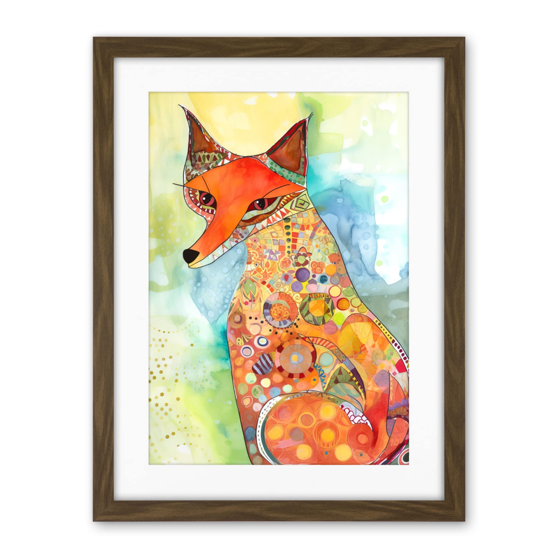 Artery8 Sitting Fox Folk Art Watercolour Painting Artwork Framed Wall Art Print 18X24 Inch