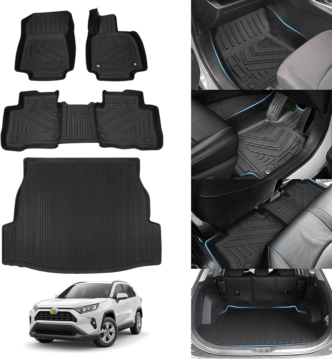 Jiooy Toyota RAV4 Floor Mat, Waterproof, 4-Piece Set, Luggage Mat, Non-Slip, 3D Car Mat, TPE Material, Trunk Mat, Height Edges, Luggage Tray, Stain Resistant, For Toyota RAV4 XA50 Models 2019.4 - Current, Black