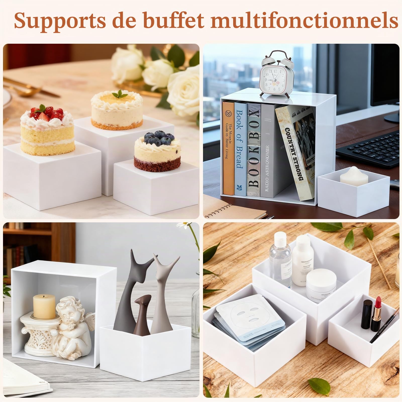 Lot de 14 rehausseurs empilables en acrylique pour buffet, 6 tailles, avec 6 mini panneaux et 2 stylos, présentoir de table avec fond creux pour fêtes, anniversaires et mariages (13 à 26 cm)