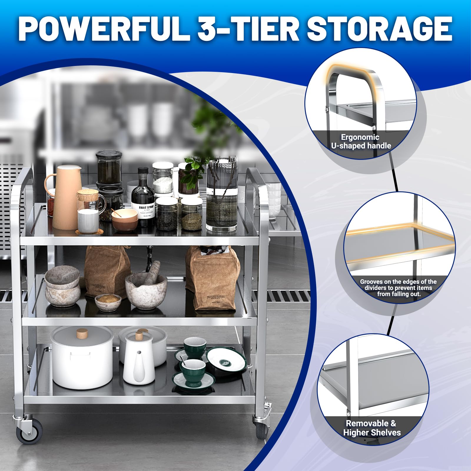 Carrello Portavivande In Acciaio Inox - 3 Ripiani, 85x45x89 Cm - Per Ristoranti, Hotel E Scuole - Foto 7