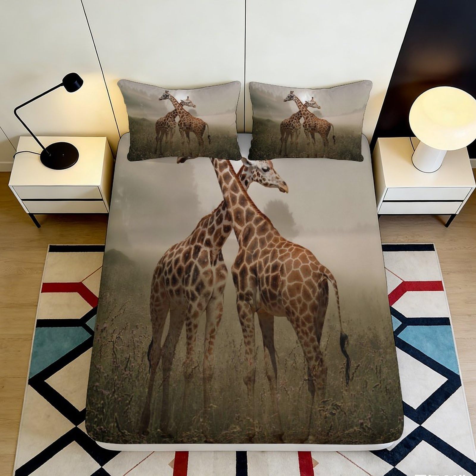 3D Printed Giraffe Safari Fitted Sheet Microfiber Soft Breathable Savanna Bed Cover for Bedroom Dorm Decoration 90x200x25cm