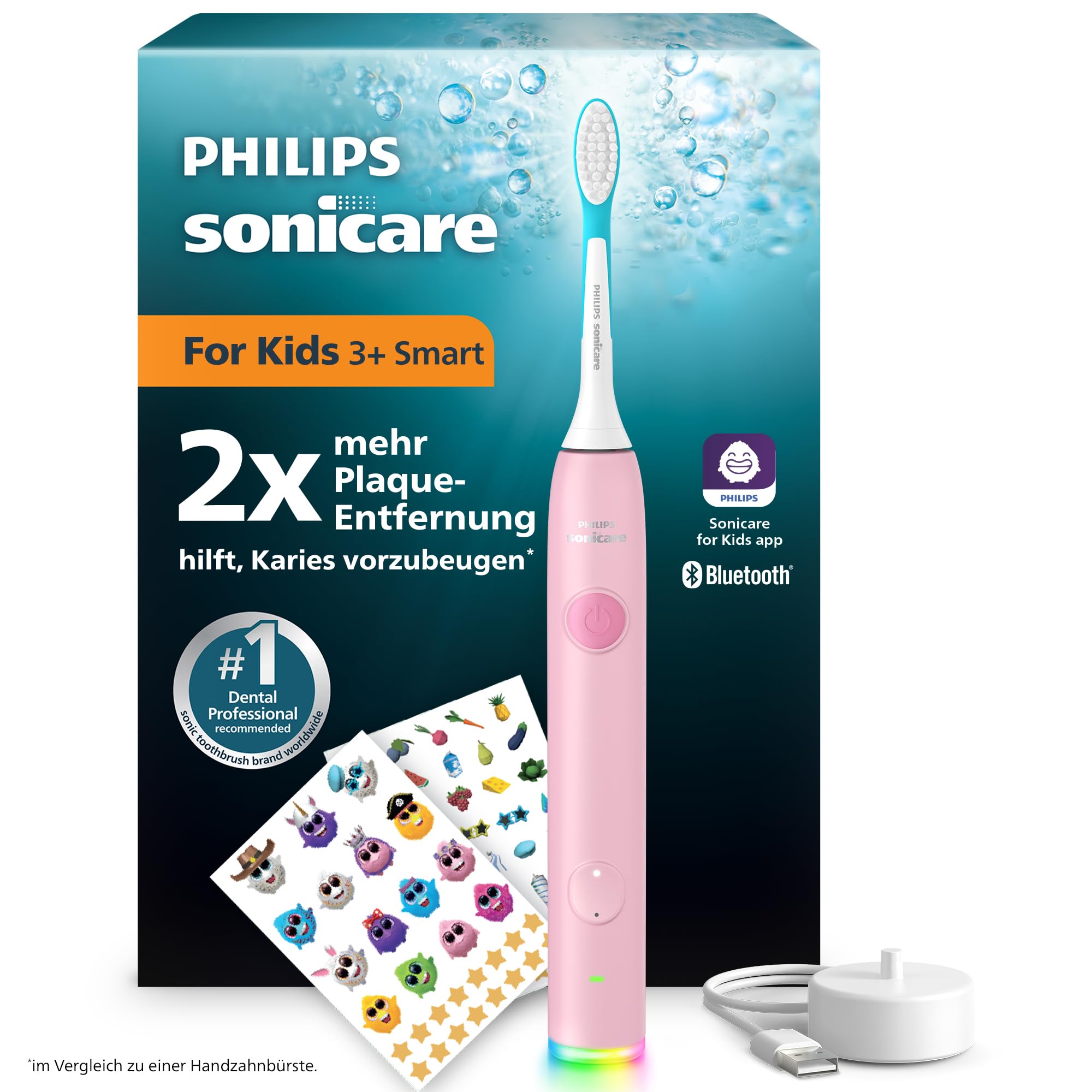 Philips Sonicare for Kids Smart elektrische Zahnbürste - Schallzahnbürste mit App, für Kinder 3+, 2 sanfte Putzprogramme, 2-Minuten-Timer, 2 Bürstenköpfe (Standard + Mini), Pink, Modell HX6600/11