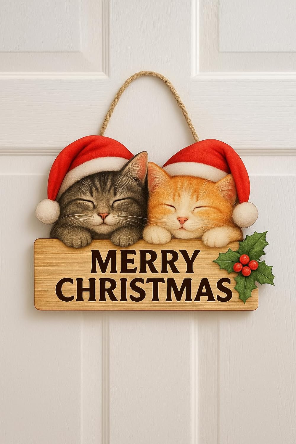 Uyuyan Kedili Yılbaşı Ahşap Kapı Süsü Noel Kapı Süsü, Yılbaşı Süsü Yılbaşı Temalı Hediyeler (30-18 cm)