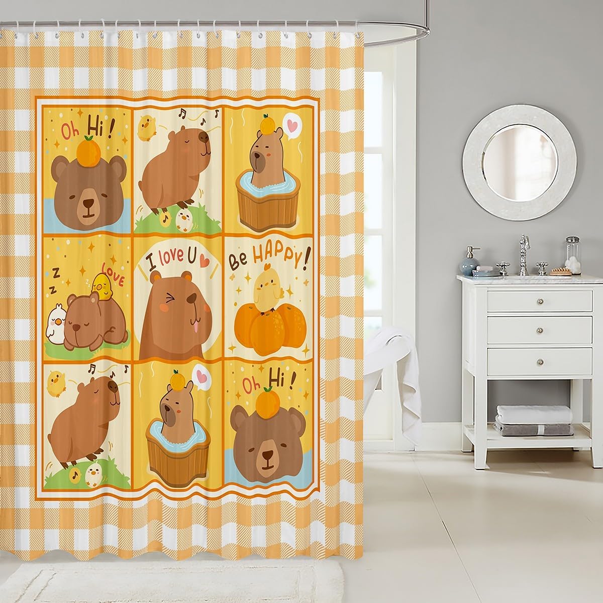 Kids Cute Capybara Shower Curtains,Cartoon South America Rodent Animals Bathroom Curtains for Boys Girls Adults,Geometric Grids Patchwork Orange Waterproof Curtains,12 Hooks Suits,72" W x 78" L image 2
