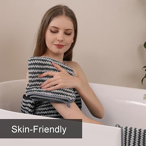 Miniatura 8 de CHINO Juego de 4 toallas de baño extra grandes, color negro, de 35 x 70 pulgadas, suaves, de secado rápido, superabsorbentes, con patrón Wave2,