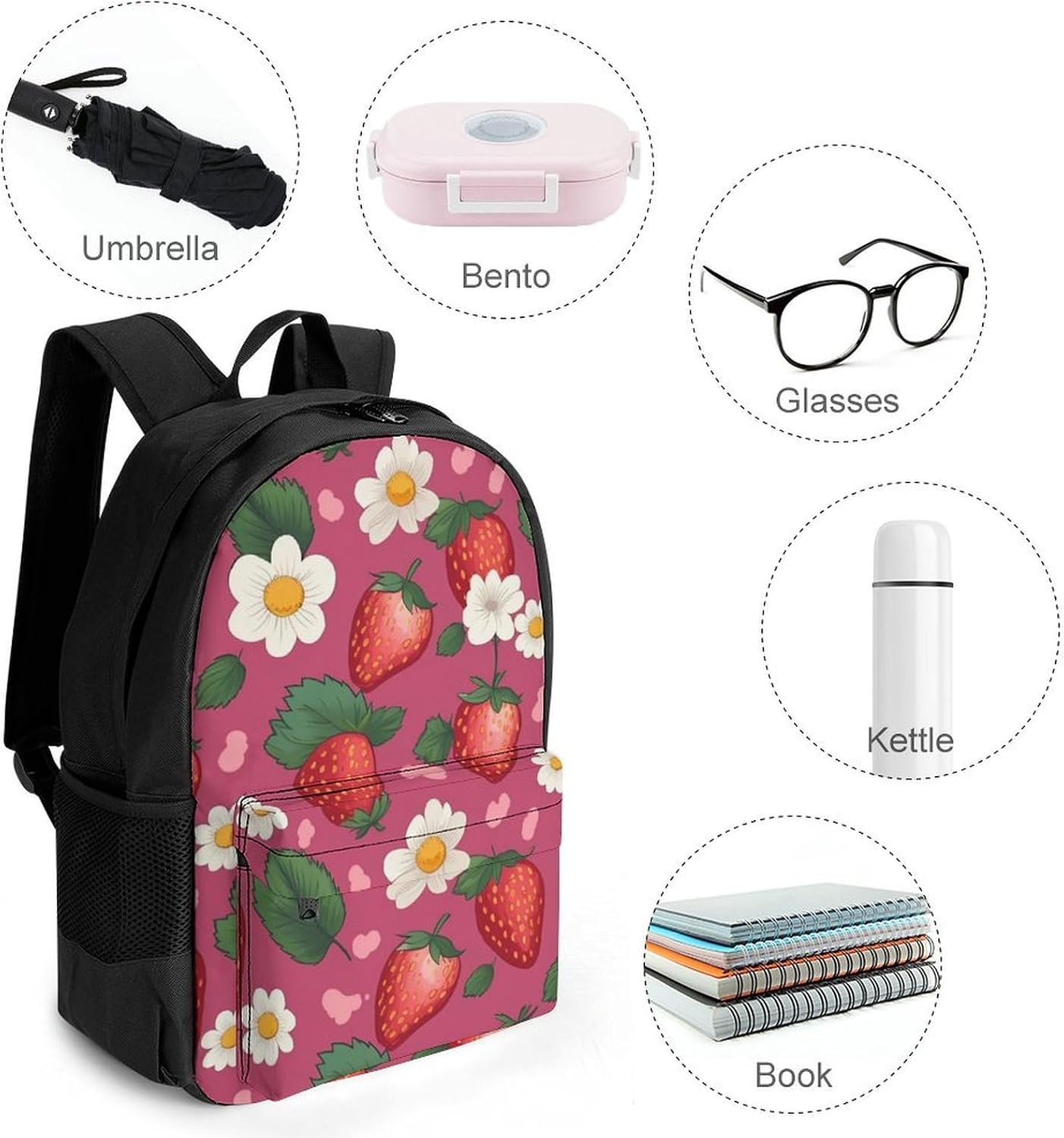 Portable Pink Strawberry Backpack with Front & Side Pockets image 4