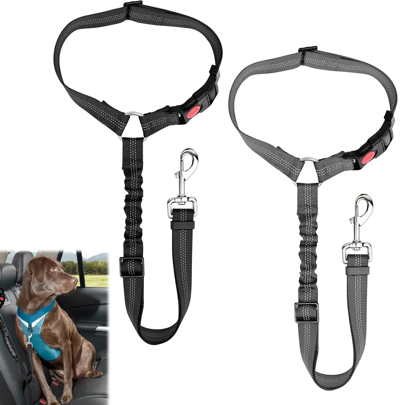 2PCS Ceinture Chien Voiture,Ceinture Securite Chien Voiture,Ensemble de Harnais Universelle, avec Absorption des Chocs, Réglable de 28 à 33 Pouces(Noir,Gris)