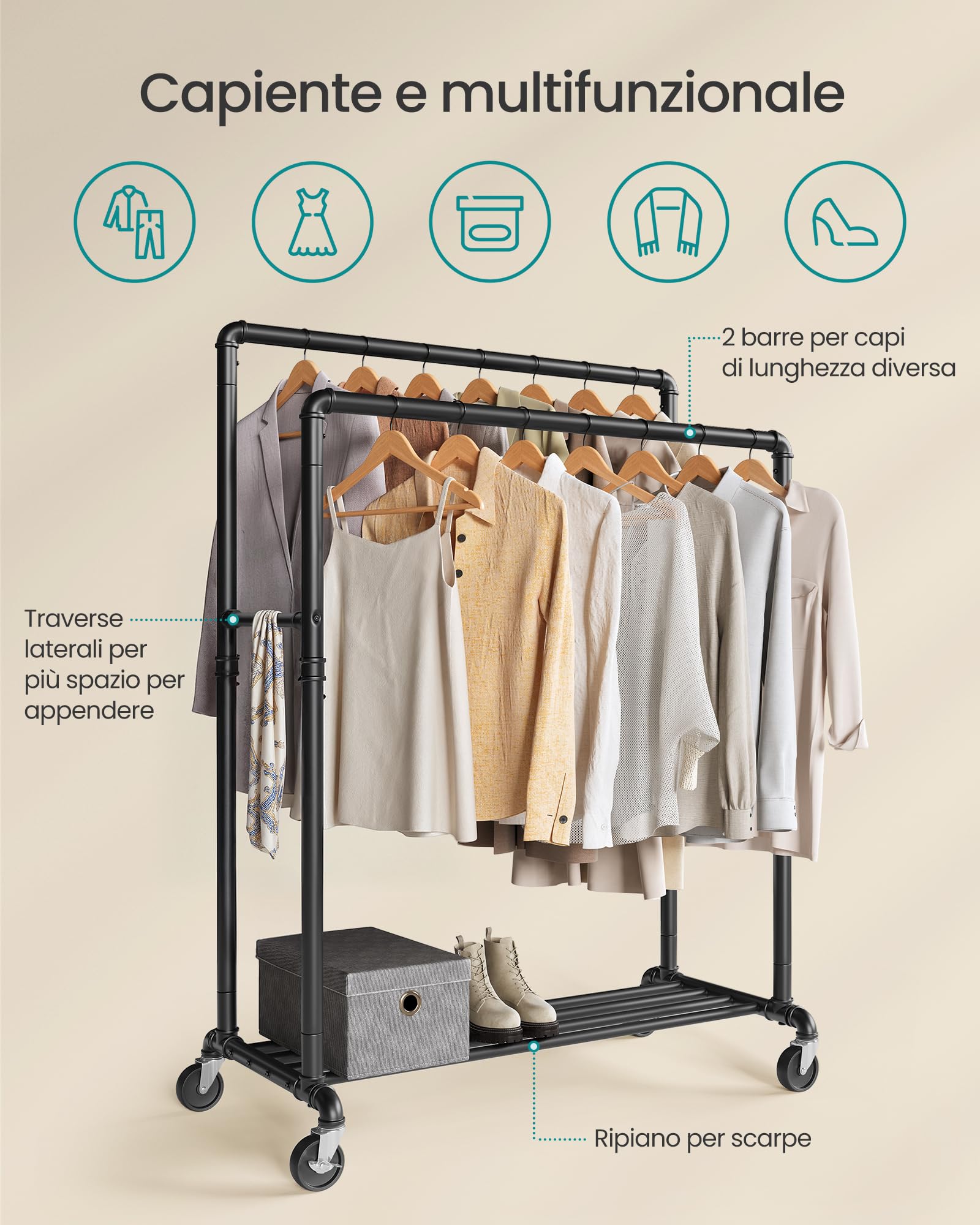 SONGMICS Stand Appendiabiti a Doppia Barra, Struttura in Metallo, 59 x 100 x 162 cm, con Ripiano Portaoggetti e Rotelle, 2 Ruote con Freni, Portata fino a 110 kg, Nero HSR60B