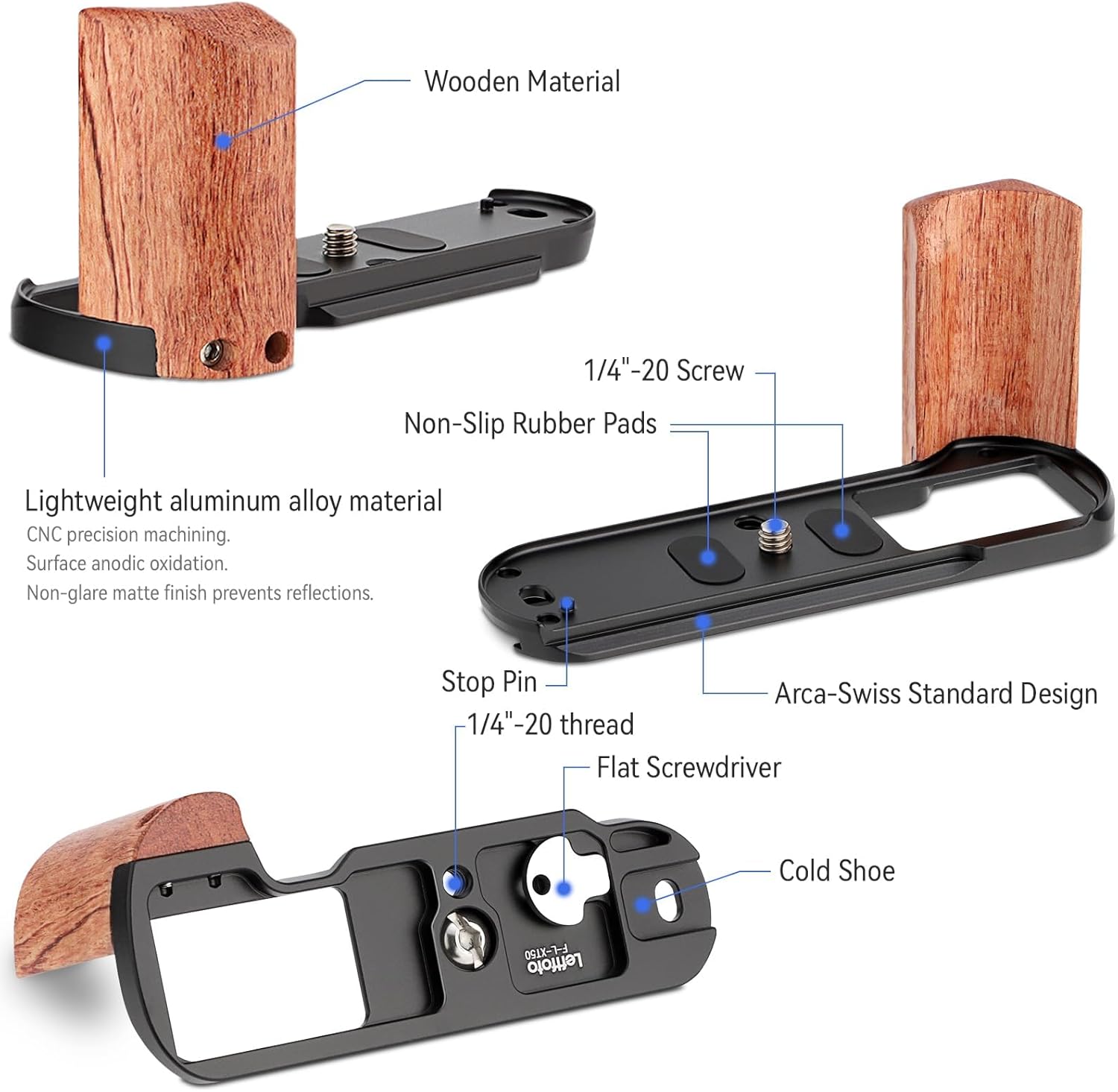 LEFTFOTO X-T50 Retro Handgrip L-Shape Bracket Handle with Wooden Grip for Fujifilm X-T50 Camera,with Built-in Bottom Arca Quick Release Plate, with Shutter Button,Black - Image 3