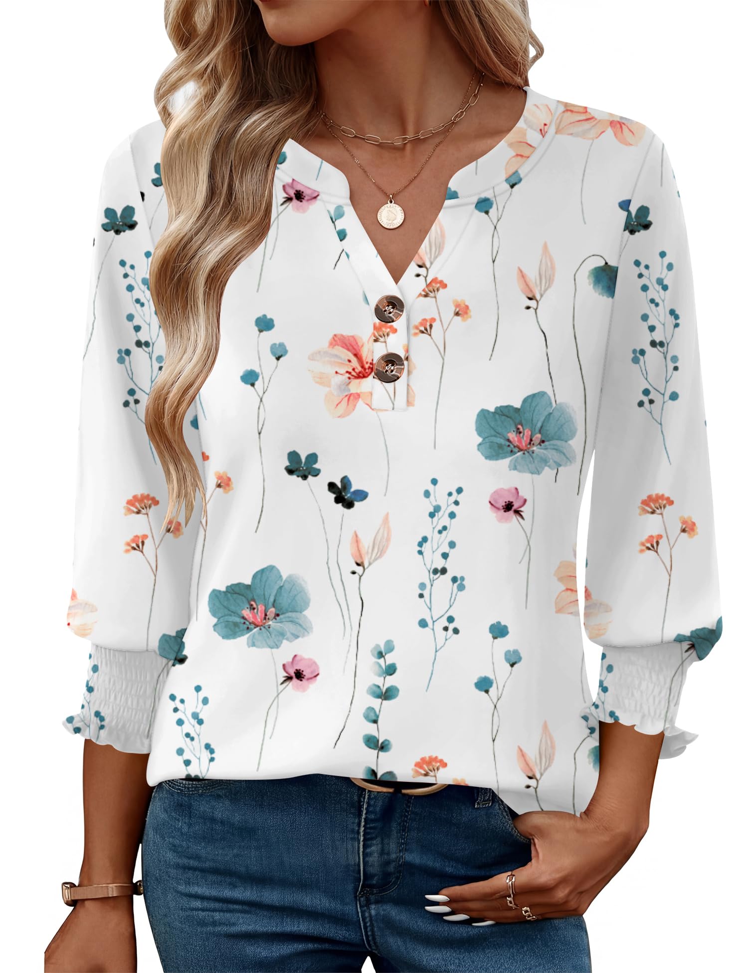 Rapbin Damen Bluse 3/4 Arm V-Ausschnitt Oberteile Knopfleiste Tunika Elegant Lässig Business Blusen Sommer Tops