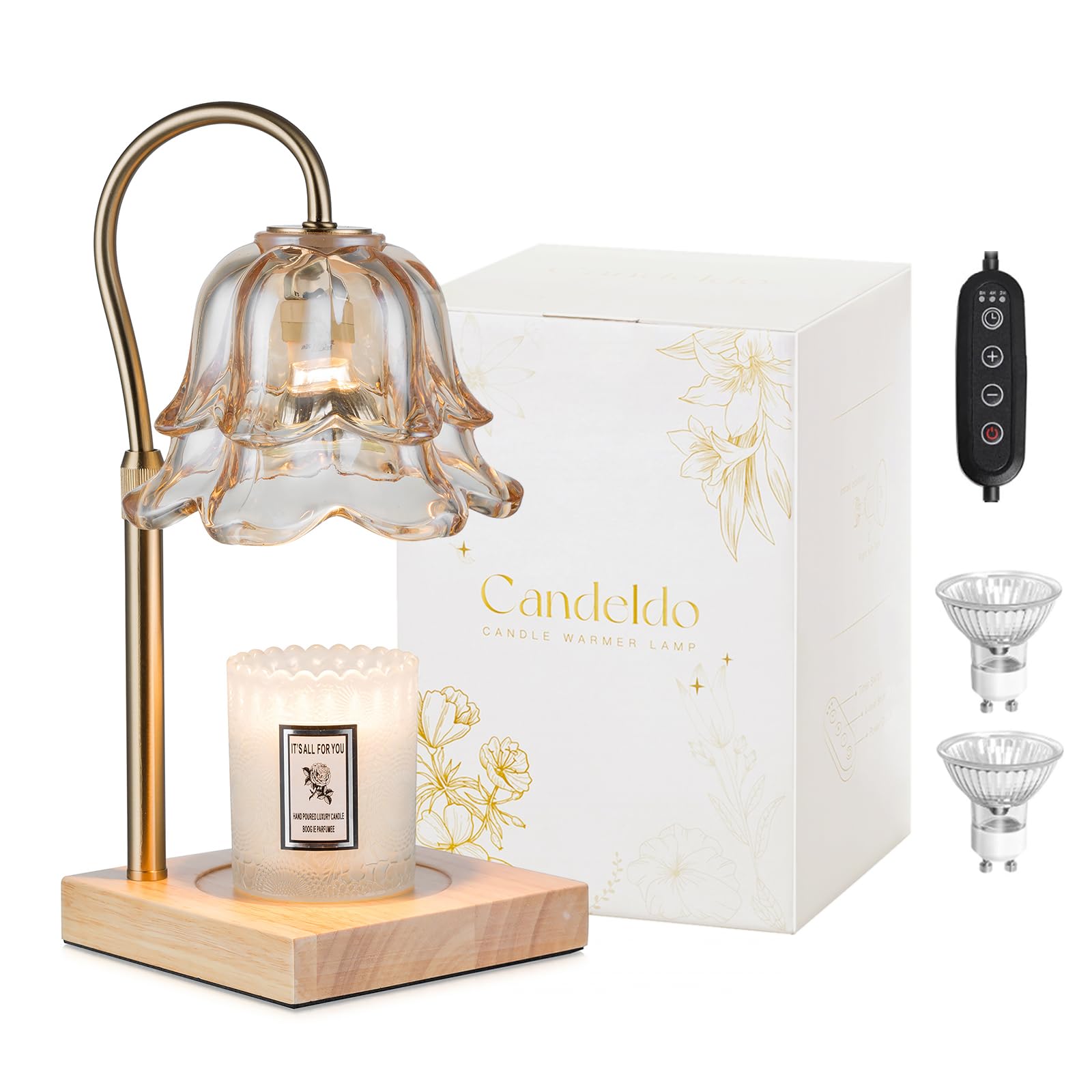 Candeldo Candle Warmer Lamp with Timer: Flower Candle Warmers with 2 Bulbs Gold Height Adjustable Candle Lamps Home Bedroom Decor House Warming Gift Mothers Day Mom Gift for Women