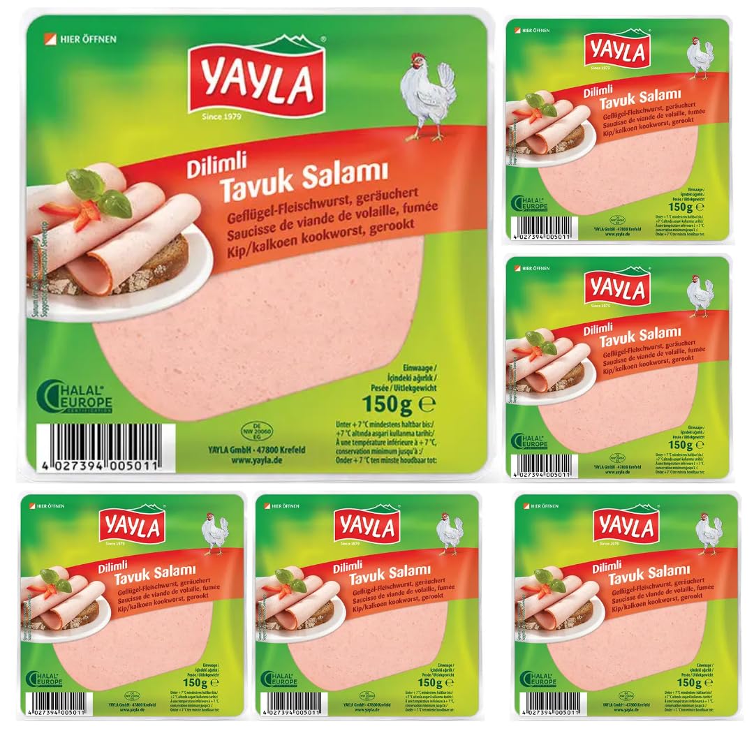 Yayla, Geflügelfleischwurst in Scheiben, Hühnersalami, Aufgeschnittene Frühstückssalami, Köstliche Hühnersalami 150 GrammX 6 Packungen