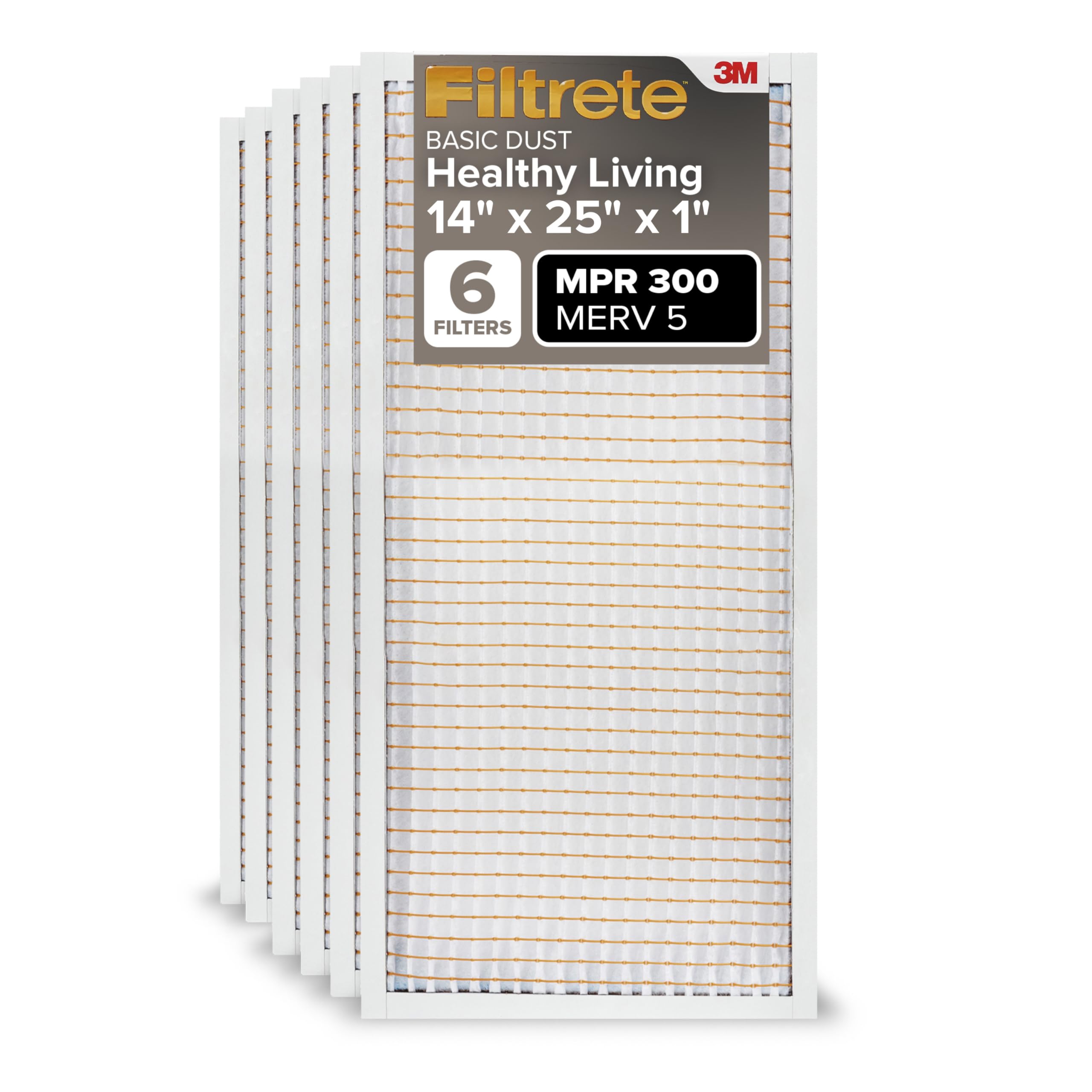 Filtrete 14x25x1 AC Furnace Air Filter, MERV 5, MPR 300, Capture Unwanted Particles, 3-Month Pleated 1-Inch Electrostatic Air Cleaning Filter, 6-Pack (Actual Size13.81x24.81x0.81 in)