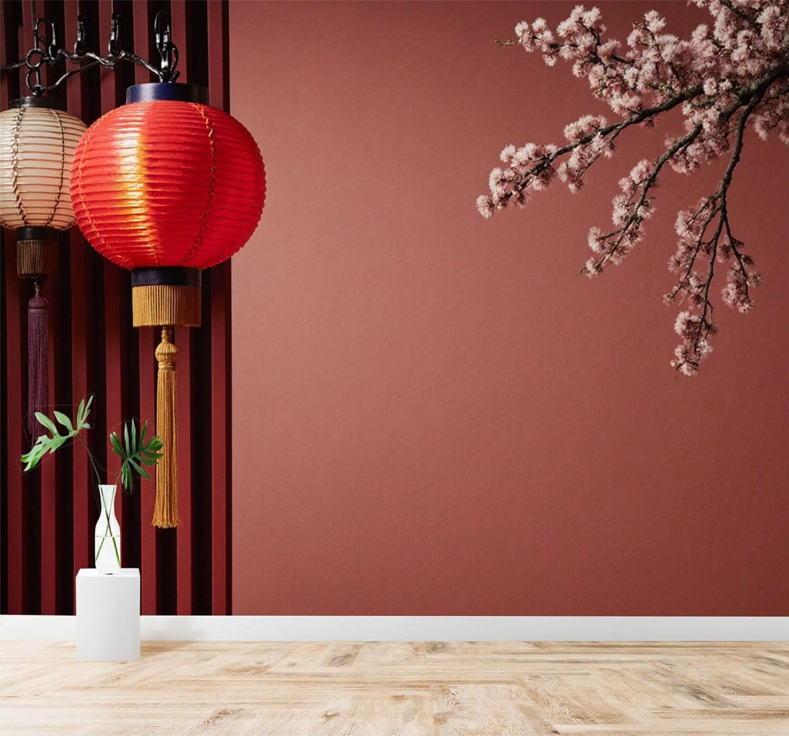 XLMING Minimalist Red Lattice Red Lanterns Cherry Blossoms Warmth 3D Wallpaper Silky Texture Home Study Office Grey Dining Room Sofa Bedroom Living Room TV Backdrop-250cm×170cm