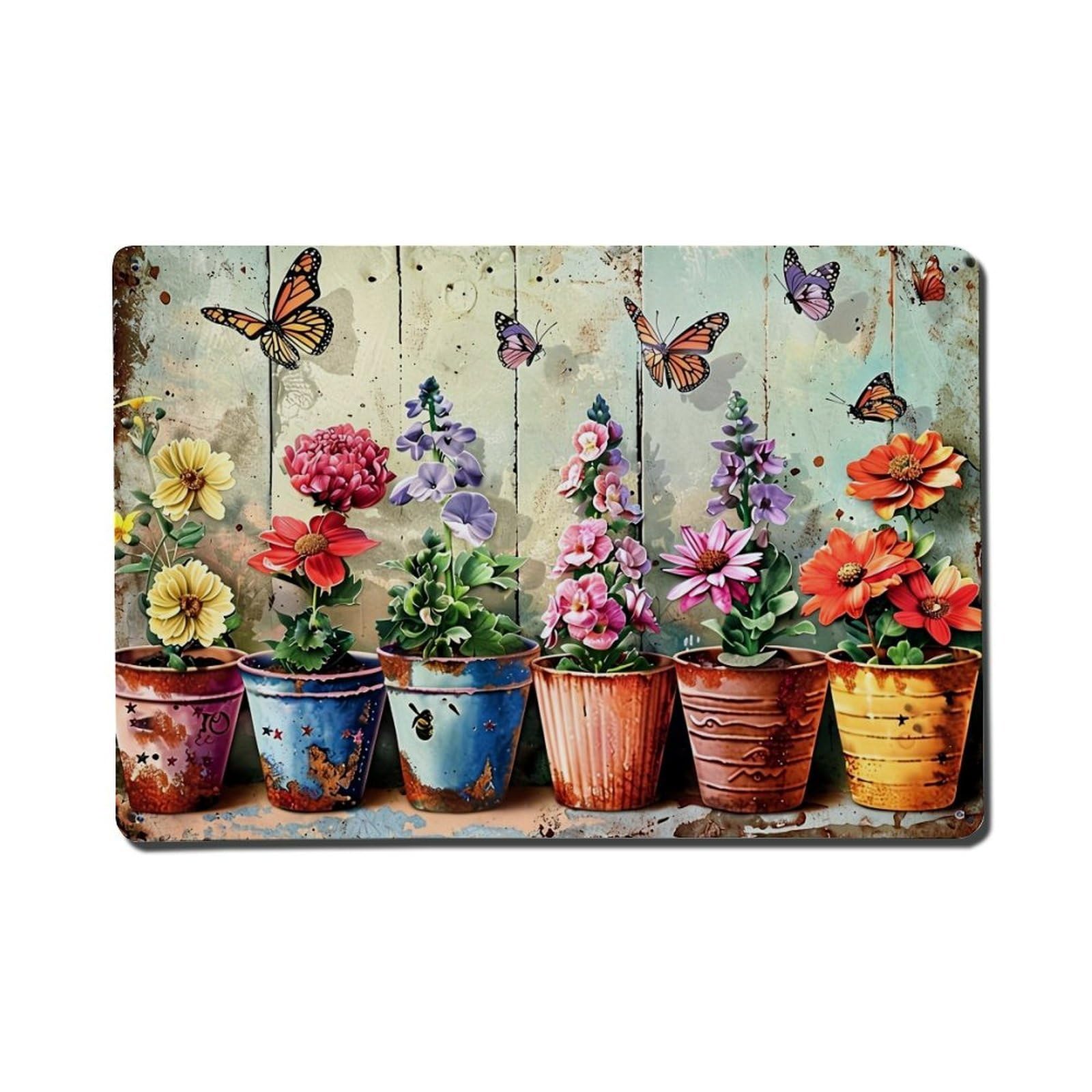 Floral Pots Butterflies Garden Art Retro Metal Tin Sign, Vintage Decor Art Poster for Bar, Home, Man Cave, Kitchen, Laundry Room Gift 8x12Inch