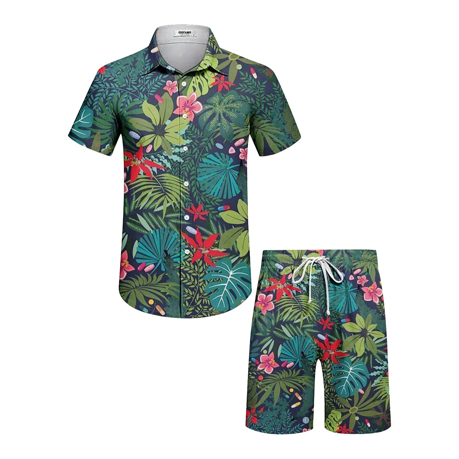 Conjuntos de Playa con Botones Y Forro de CompresióN Traje Hawaiano Camisa Manga Corta Y Pantalones Cortos Conjunto de Vacaciones para Hombres 2 Piezas Camisa Hawaiana Y Conjunto Corto