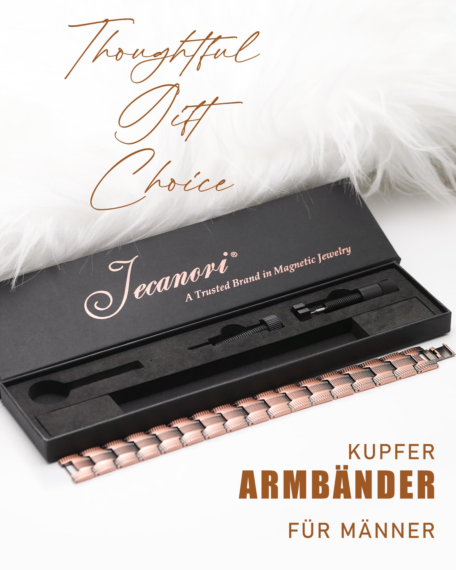 Jecanori Magnet Kupfer Armband für Herren, 3 Reihe magnetische verstellbare Herren Kupfer Armband 3.500 Gauss Magneten, Ringe und Geschenkboxen (Schwarz)