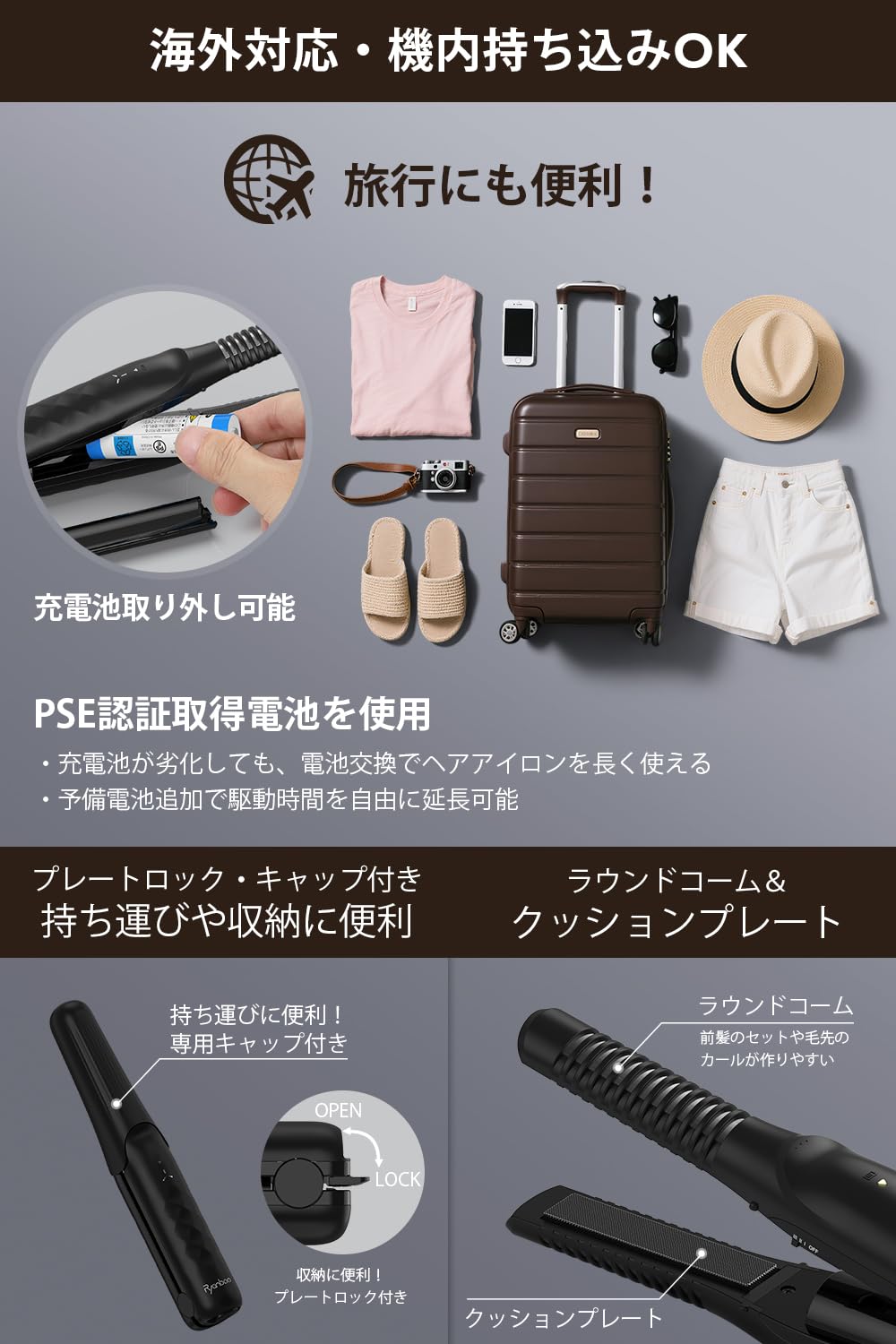 Amazon | Ryanboo コードレスヘアアイロン【機内持ち込み可能・水蒸気